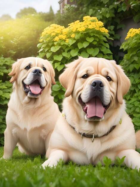 Fotografia de retrato de tiro médio de um golden retriever sorridente com Bulldog no jardim