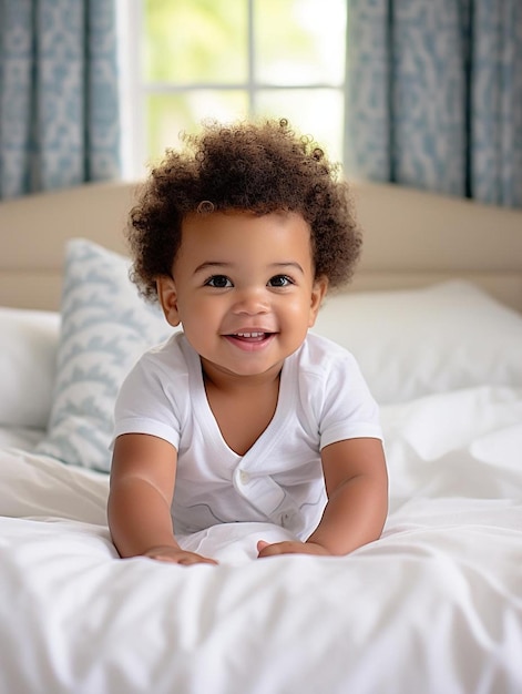 Foto fotografia de retrato de um bebê queniano de cabelo encaracolado sorrindo