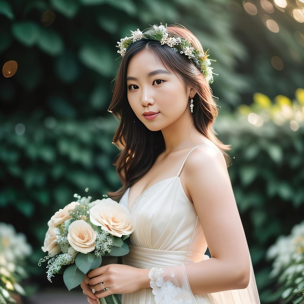 Fotografia de retrato de uma jovem mulher bonita asiática com um buquê de flores