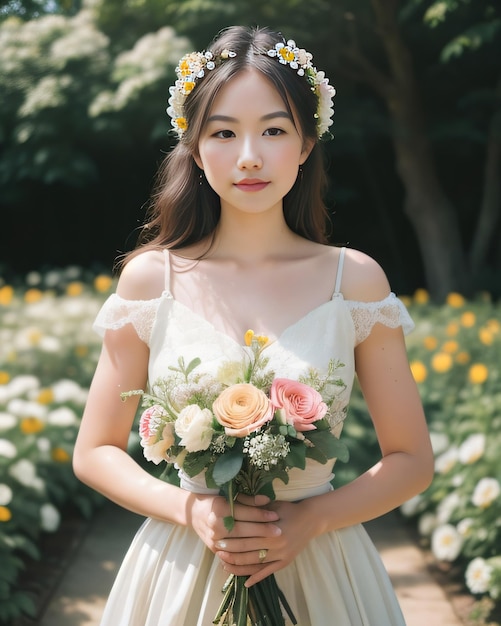 Fotografia de retrato de uma jovem mulher bonita asiática com um buquê de flores