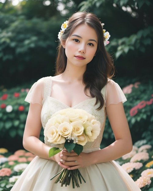 Fotografia de retrato de uma jovem mulher bonita asiática com um buquê de flores