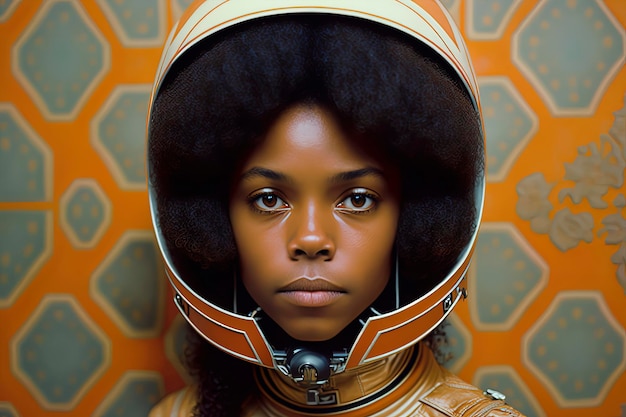 Fotografia de retrato de uma mulher negra do sul dos anos 1980 vestindo traje espacial e um capacete AIGenerated