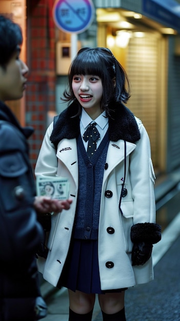 Fotografia de rua de uma estudante japonesa falando com um estranho de meia-idade nas ruas de Tóquio