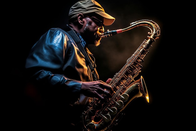 fotografia de saxofonista saxofonista tocando instrumento de música jazz