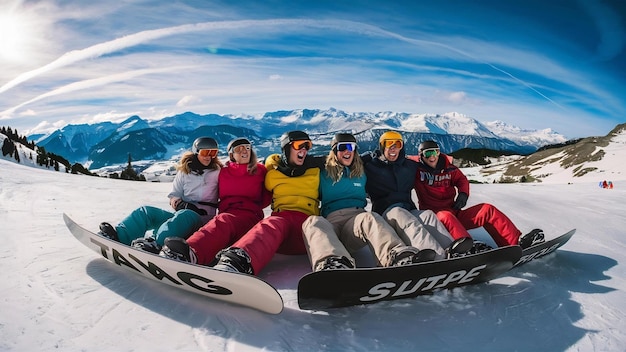 Fotografia de snowboarders sentados na neve e olhando para as montanhas brancas no Tirol, Áustria