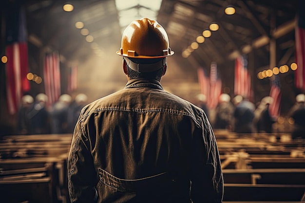 Fotografia de trás de um trabalhador contratado usando capacete e caminhadas de segurança na construção de edifícios industriais