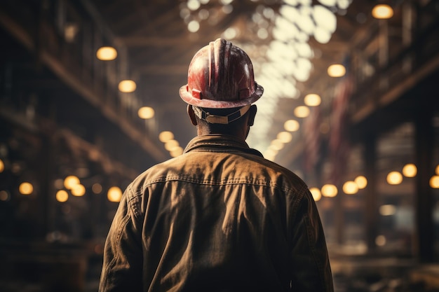 Fotografia de trás de um trabalhador contratado usando capacete e caminhadas de segurança na construção de edifícios industriais