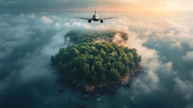 Foto fotografia de um avião voando sobre uma ilha tropical exótica