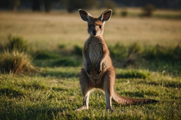 Fotografia de um bebê canguru de pé em um campo gramado com um fundo desfocado