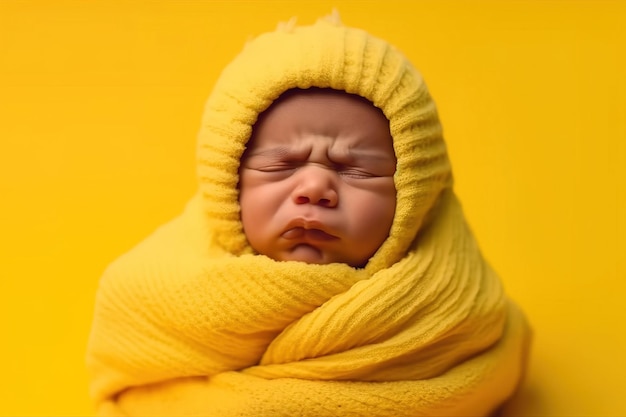 Fotografia de um bebê recém-nascido chorando envolto em um pano amarelo Tiro de estúdio em um fundo amarelo