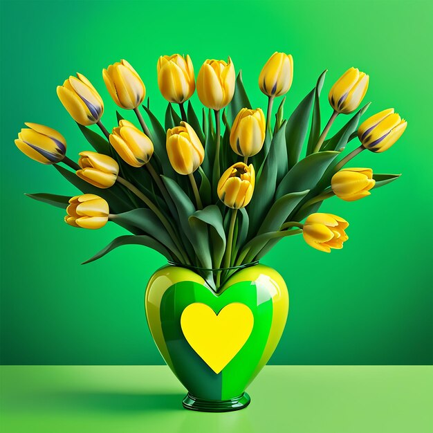 fotografia de um buquê de tulipas amarelas em um fundo de gradiente vasegreen em forma de coração verde