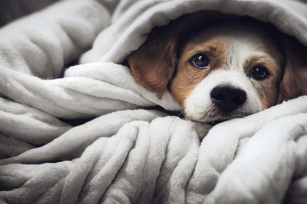 Fotografia de um cachorro pequeno abraçando em um cobertor macio Cachorro com focinho marrom fofo dormindo sob lençóis quentes no outono frio ou no inverno Retrato e close-up de um animal de estimação