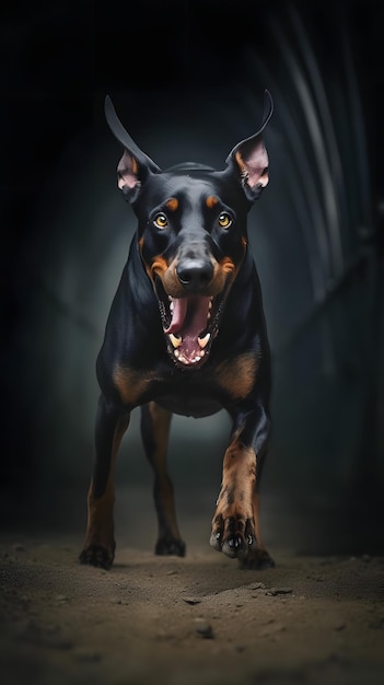 fotografia de um cão Doberman zangado