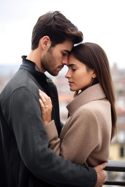 Fotografia de um casal jovem e bonito abraçando-se contra o fundo da cidade