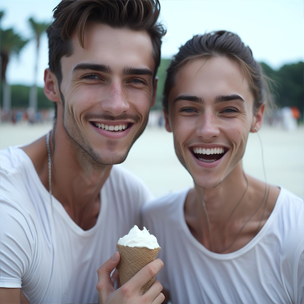 Fotografia de um casal no verão sorrindo com um sorvete