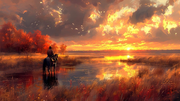 Fotografia de um cavaleiro em um cavalo ao pôr do sol com um lago