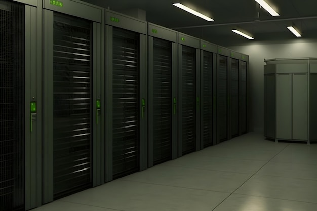 Fotografia de um centro de dados com várias fileiras de racks de servidores totalmente operacionais Modernas telecomunicações Rede neural gerada por IA