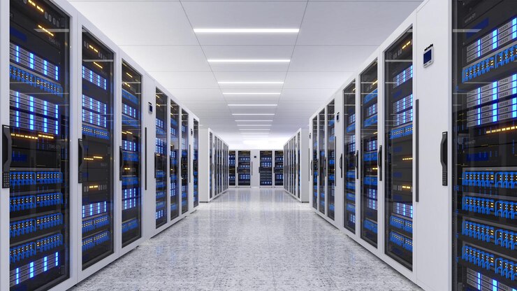 Foto fotografia de um centro de dados com várias fileiras de racks de servidores totalmente operacionais telecomunicações modernas centro de dados de refrigeração sala de servidor renderização 3d