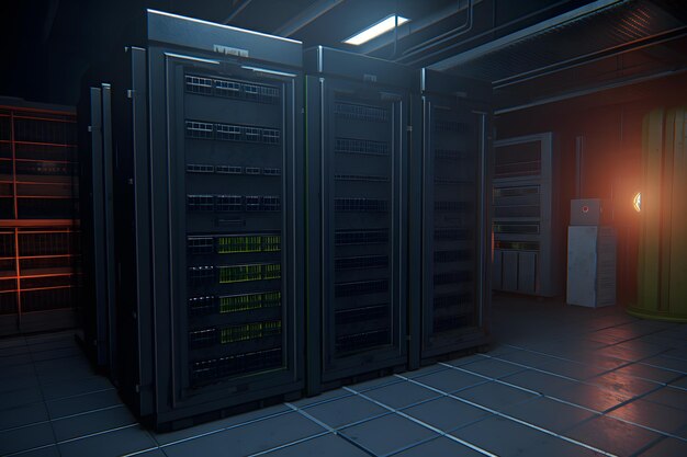 Fotografia de um centro de dados com várias fileiras de racks de servidores totalmente operacionais telecomunicações modernas