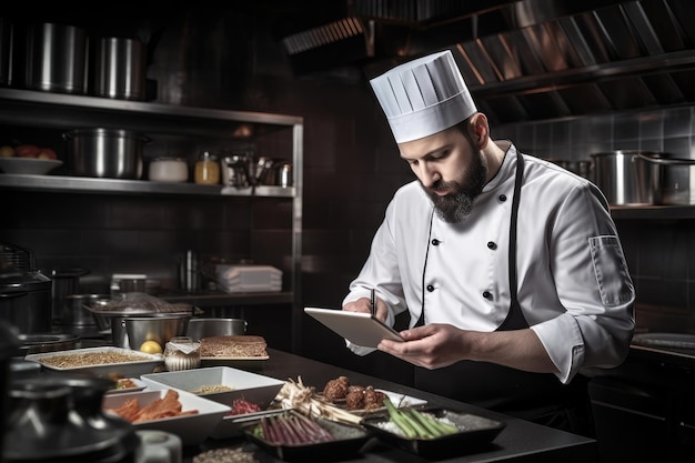 Fotografia de um chef usando seu tablet para pedir suprimentos criados com IA gerativa