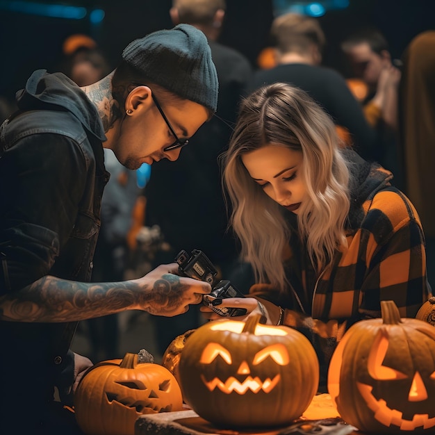 Fotografia de um concurso de escultura de abóbora com tema de Halloween