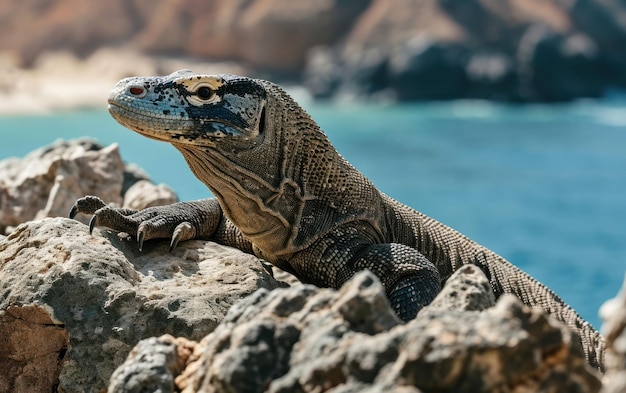 Fotografia de um dragão de Komodo a tomar sol no sol tropical num afloramento rochoso
