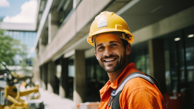 Foto fotografia de um engenheiro de uniforme laranja e capacete amarelo com constituição muscular