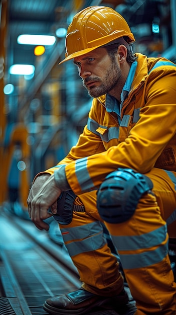 Fotografia de um engenheiro ou trabalhador masculino numa fábrica que usa um capacete de segurança e sofre de desconforto no joelho ou de uma lesão que pode ser fatal