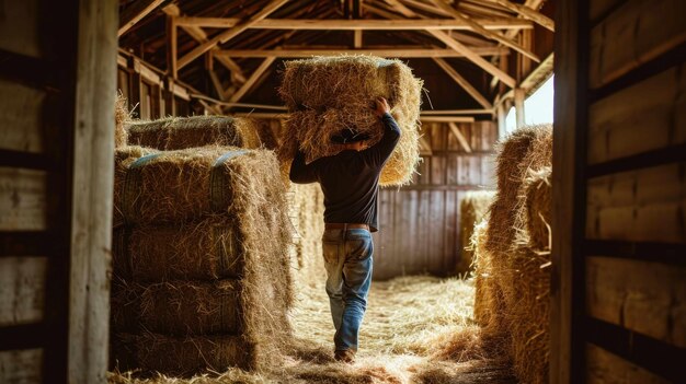 Foto fotografia de um fazendeiro carregando fardos de feno para um sótão de um celeiro