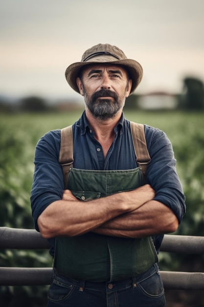 Fotografia de um fazendeiro de pé com os braços cruzados em uma fazenda criada com AI gerativa