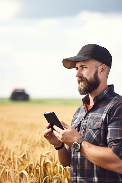 Foto fotografia de um fazendeiro usando tecnologia gps em uma fazenda criada com ia generativa