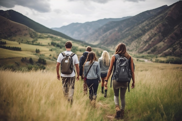 Fotografia de um grupo de familiares e amigos caminhando juntos Generative Ai