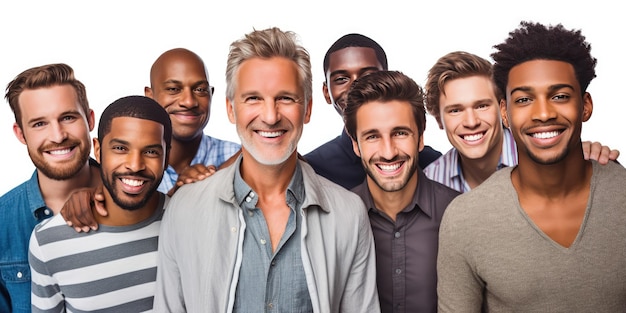 Foto fotografia de um grupo de homens adultos feliz estilo animado de design de site em branco fundo branco bonito nacionalidade mista generative ai technology