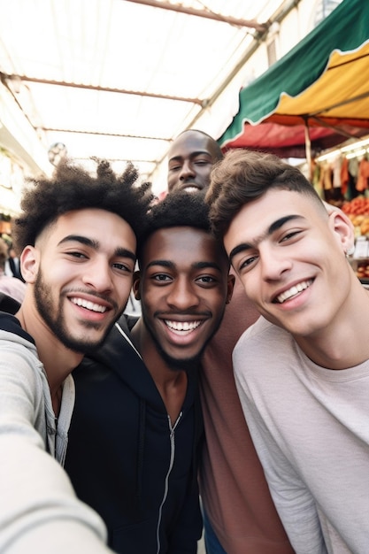 Fotografia de um grupo de jovens tirando selfies juntos em um mercado ao ar livre