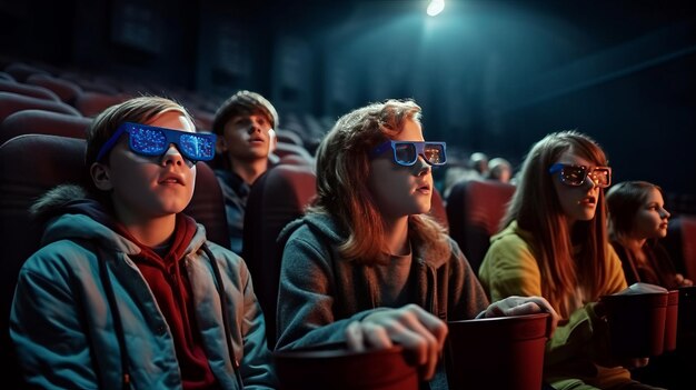 fotografia de Um grupo de jovens usando óculos 3D assistindo a filmes no cinema