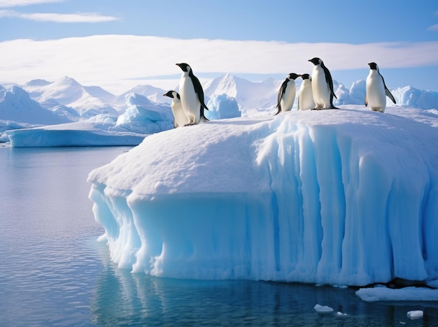 Fotografia de um grupo de pinguins em uma paisagem antártica de iceberg