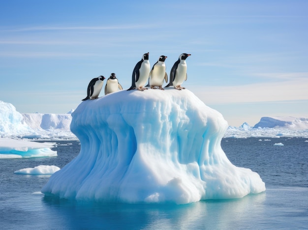 Fotografia de um grupo de pinguins em uma paisagem antártica de iceberg