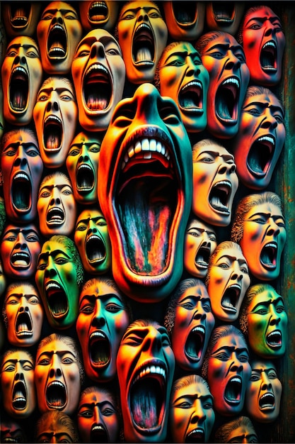 Fotografia de um grupo de rostos com ai generativa de boca aberta