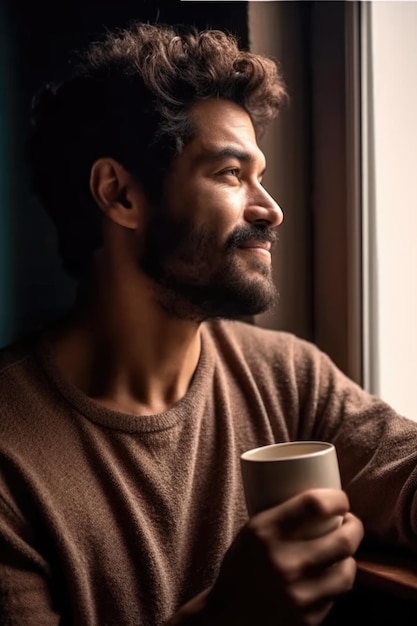 Fotografia de um homem a desfrutar do café da manhã criada com IA generativa