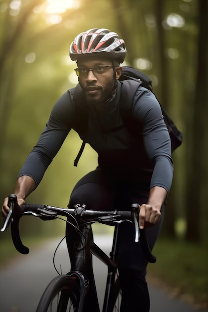 Fotografia de um homem andando de bicicleta lá fora criada com IA generativa