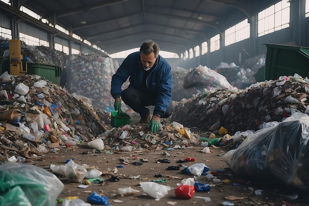 Fotografia de um homem classificando lixo em uma fábrica de reciclagem criada com AI gerativa