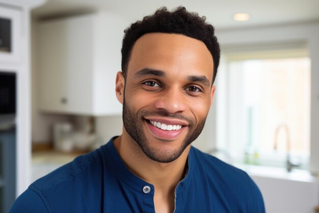 Fotografia de um homem com um sorriso no rosto vestindo uma camisa azul de pé na cozinha