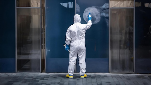 Fotografia de um homem de fato de proteção química branco fazendo desinfecção de áreas públicas para parar o sp