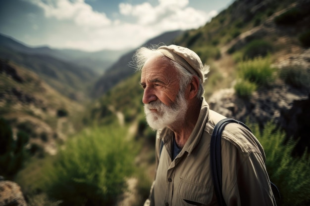 Fotografia de um homem idoso caminhando pelas montanhas criada com IA generativa