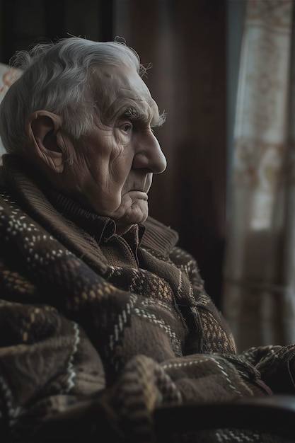 Fotografia de um homem idoso parecendo triste enquanto está sentado na cadeira de rodas perto da janela na casa de repouso Um homem idoso com tristeza e depressão abandonado sozinho Solidão vida de aposentadoria