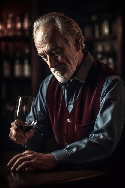 Foto fotografia de um homem maduro derramando um copo de vinho vermelho criado com ai generativa
