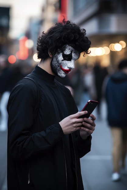 Fotografia de um homem mascarado a usar o telemóvel na rua.