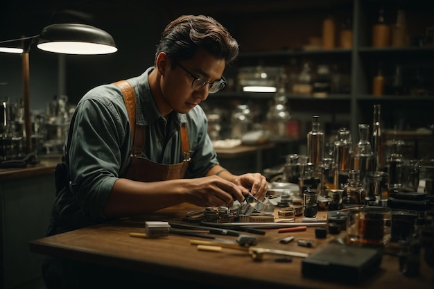 Fotografia de um homem reparando uma placa-mãe em uma garagem