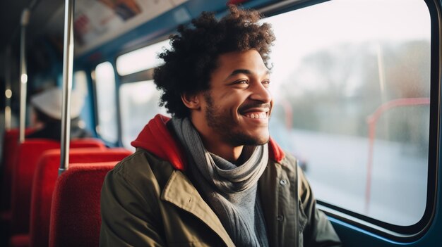 Fotografia de um homem sorridente e feliz sentado em um ônibus Transporte público fotografia conceitual de pessoas felizes