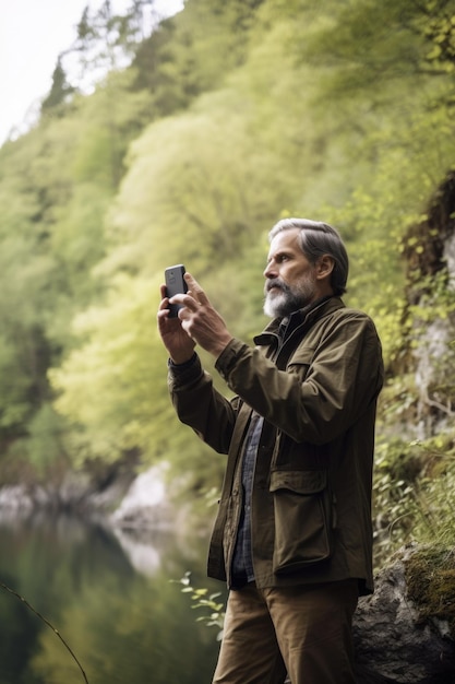 Fotografia de um homem usando seu smartphone para tirar fotos enquanto está na natureza criada com IA generativa